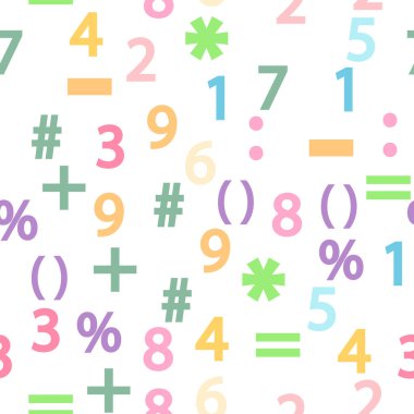 Colorful numbers, math symbols and formulas seamless pattern. Kindergarten, school, classroom and childrens playroom clipart