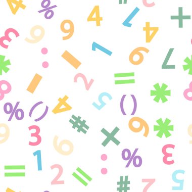 Renkli sayılar, matematik sembolleri ve kusursuz formüller. Anaokulu, okul, sınıf ve çocuk oyun odası