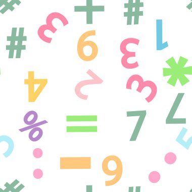 Renkli sayılar, matematik sembolleri ve kusursuz formüller. Anaokulu, okul, sınıf ve çocuk oyun odası