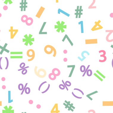 Renkli sayılar, matematik sembolleri ve kusursuz formüller. Anaokulu, okul, sınıf ve çocuk oyun odası