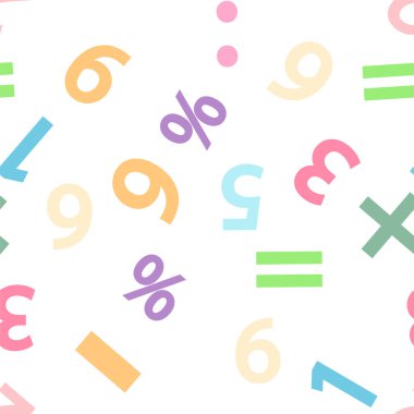 Renkli sayılar, matematik sembolleri ve kusursuz formüller. Anaokulu, okul, sınıf ve çocuk oyun odası