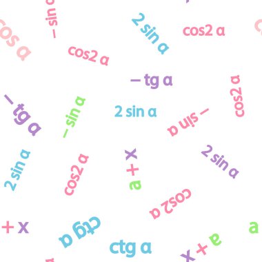 Seamless pattern with mathematical formulas and numbers. Algebra and geometry, calculations tangent, cotangent, sine, cosine clipart