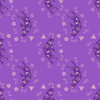 Boho tarzındaki kedilerin mistik kusursuz deseni, siluet koleksiyonu. Ezoterizm, mistisizm, okültizm. Çizgi film düz vektör çizimleri, izole