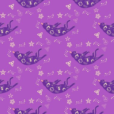 Boho tarzındaki kedilerin mistik kusursuz deseni, siluet koleksiyonu. Ezoterizm, mistisizm, okültizm. Çizgi film düz vektör çizimleri, izole