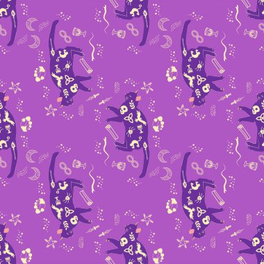 Boho tarzındaki kedilerin mistik kusursuz deseni, siluet koleksiyonu. Ezoterizm, mistisizm, okültizm. Çizgi film düz vektör çizimleri, izole