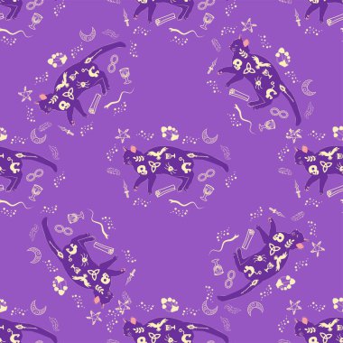 Boho tarzındaki kedilerin mistik kusursuz deseni, siluet koleksiyonu. Ezoterizm, mistisizm, okültizm. Çizgi film düz vektör çizimleri, izole