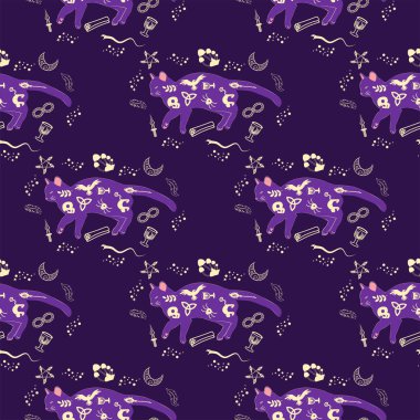 Boho tarzındaki kedilerin mistik kusursuz deseni, siluet koleksiyonu. Ezoterizm, mistisizm, okültizm. Çizgi film düz vektör çizimleri, izole