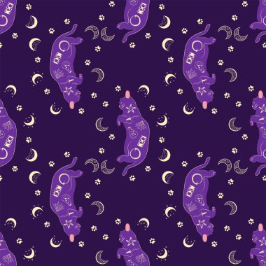 Boho tarzındaki kedilerin mistik kusursuz deseni, siluet koleksiyonu. Ezoterizm, mistisizm, okültizm. Çizgi film düz vektör çizimleri, izole