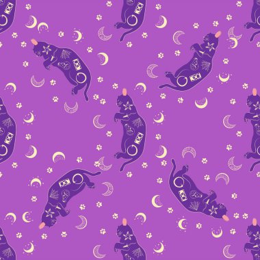 Boho tarzındaki kedilerin mistik kusursuz deseni, siluet koleksiyonu. Ezoterizm, mistisizm, okültizm. Çizgi film düz vektör çizimleri, izole