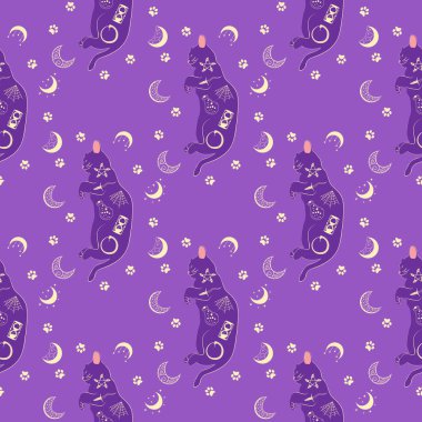 Boho tarzındaki kedilerin mistik kusursuz deseni, siluet koleksiyonu. Ezoterizm, mistisizm, okültizm. Çizgi film düz vektör çizimleri, izole