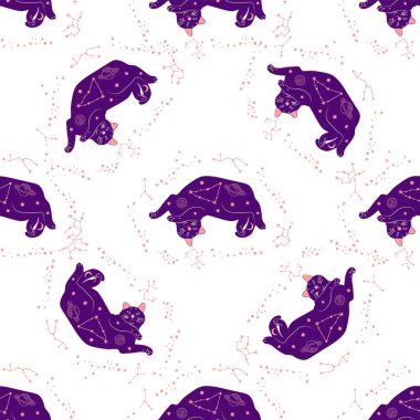 Boho tarzındaki kedilerin mistik kusursuz deseni, siluet koleksiyonu. Ezoterizm, mistisizm, okültizm. Çizgi film düz vektör çizimleri, izole