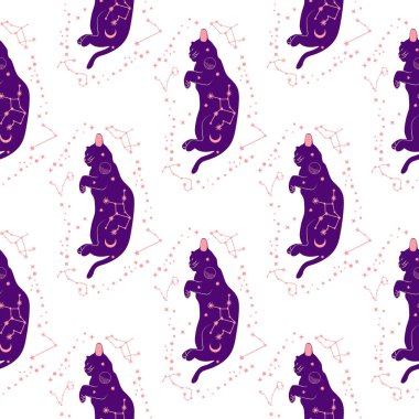 Boho tarzındaki kedilerin mistik kusursuz deseni, siluet koleksiyonu. Ezoterizm, mistisizm, okültizm. Çizgi film düz vektör çizimleri, izole