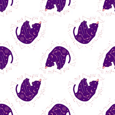 Boho tarzındaki kedilerin mistik kusursuz deseni, siluet koleksiyonu. Ezoterizm, mistisizm, okültizm. Çizgi film düz vektör çizimleri, izole