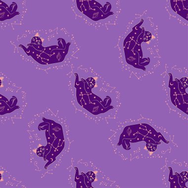 Boho tarzındaki kedilerin mistik kusursuz deseni, siluet koleksiyonu. Ezoterizm, mistisizm, okültizm. Çizgi film düz vektör çizimleri, izole