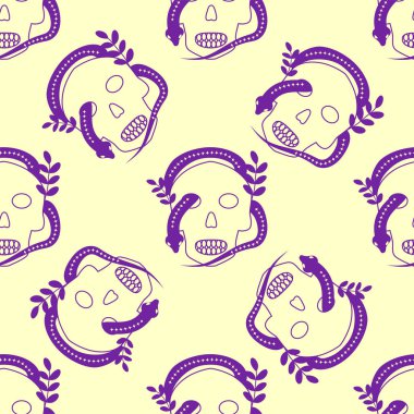 Siluetler sihirli semboller, yılan, göz, tarot kartları, el, kafatası, iksir, ay, kelebek, mantar, yıldız gibi sihirli elementler ile, pürüzsüz desen. Cadılık tema simgeleri ve elementleri.