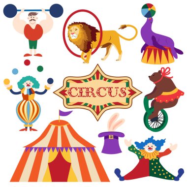 Circus chapito seti. Güçlü adam, palyaço, hokkabaz ve sihirbaz karakterleri. Şirin fil, aslan, at, zebra, fok ve ayı sirk sahnesinde