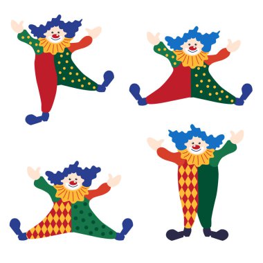 Circus chapito seti. Sirkteki güçlü adam, palyaço, hokkabaz ve sihirbaz karakterleri.