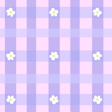 Güzel papatya çiçekleri, köşegenler ve kareli arka planı olan kusursuz gingham deseni. Tekstil, ambalaj ve tatil için tartan kontrolü. Sevimli bebek arkaplanı