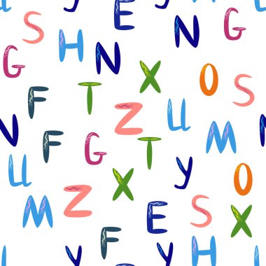 ABC basit çizgi film tarzında kusursuz desen. Sevimli alfabe izi - el çizimi çocuksu, pürüzsüz desen tasarımı. Dijital kağıt.