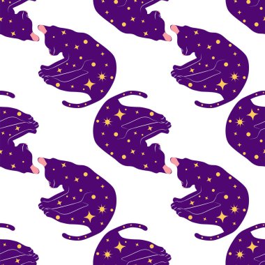 Boho tarzındaki kedilerin mistik kusursuz deseni, siluet koleksiyonu. Ezoterizm, mistisizm, okültizm. Çizgi film düz vektör çizimleri, izole