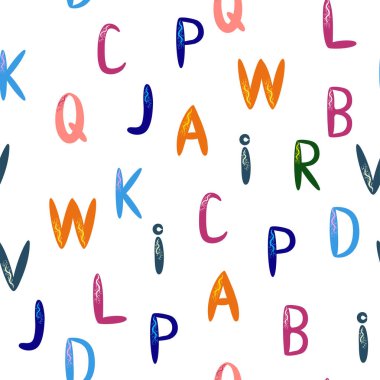 ABC basit çizgi film tarzında kusursuz desen. Sevimli alfabe izi - el çizimi çocuksu, pürüzsüz desen tasarımı. Dijital kağıt.