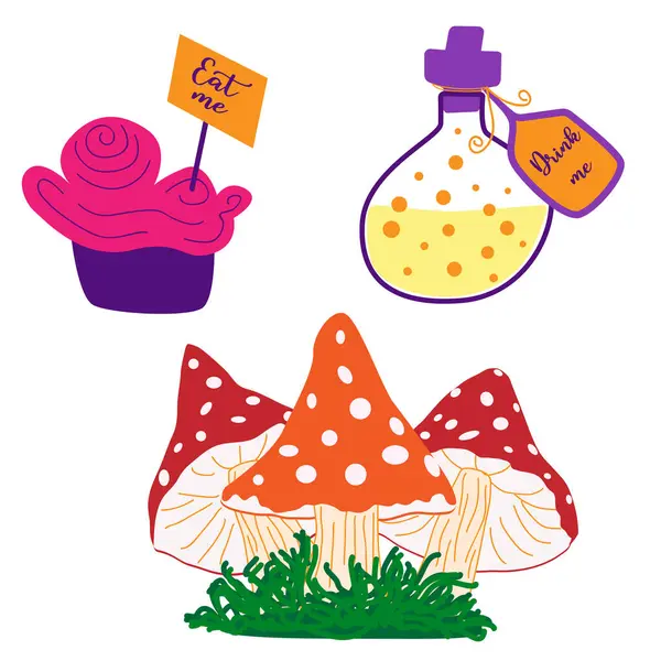 Küçük vektör çizimleri Harikalar Diyarı, bir fincan çay, mantar ve kek.