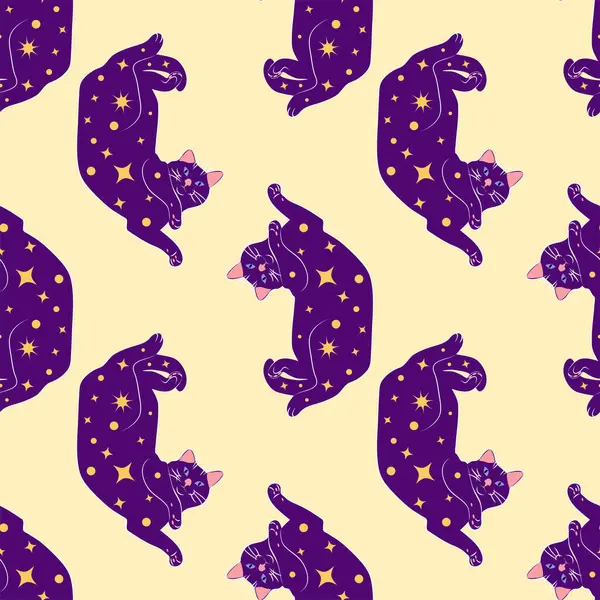 Boho tarzındaki kedilerin mistik kusursuz deseni, siluet koleksiyonu. Ezoterizm, mistisizm, okültizm. Çizgi film düz vektör çizimleri, izole