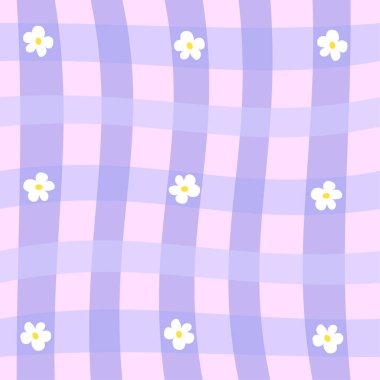 Güzel papatya çiçekleri, köşegenler ve kareli arka planı olan kusursuz gingham deseni. Tekstil, ambalaj ve tatil için tartan kontrolü. Sevimli bebek arkaplanı
