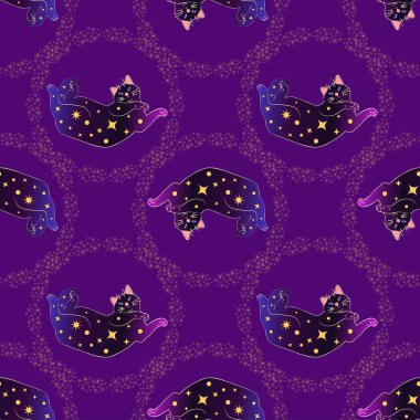 Boho tarzındaki kedilerin mistik kusursuz deseni, siluet koleksiyonu. Ezoterizm, mistisizm, okültizm. Çizgi film düz vektör çizimleri, izole