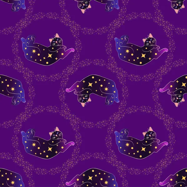 Boho tarzındaki kedilerin mistik kusursuz deseni, siluet koleksiyonu. Ezoterizm, mistisizm, okültizm. Çizgi film düz vektör çizimleri, izole