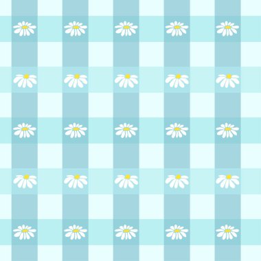 Güzel papatya çiçekleri, köşegenler ve kareli arka planı olan kusursuz gingham deseni. Tekstil, ambalaj ve tatil için tartan kontrolü. Sevimli bebek arkaplanı