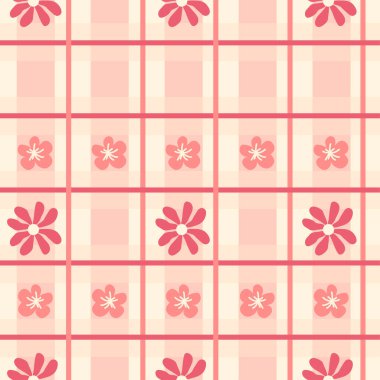 Güzel papatya çiçekleri, köşegenler ve kareli arka planı olan kusursuz gingham deseni. Tekstil, ambalaj ve tatil için tartan kontrolü. Sevimli bebek arkaplanı