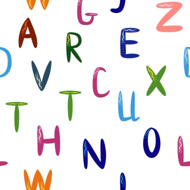 ABC basit çizgi film tarzında kusursuz desen. Sevimli alfabe izi - el çizimi çocuksu, pürüzsüz desen tasarımı. Dijital kağıt.