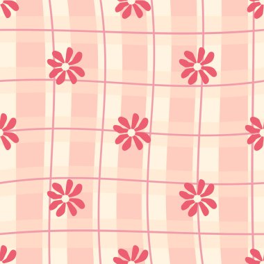 Güzel papatya çiçekleri, köşegenler ve kareli arka planı olan kusursuz gingham deseni. Tekstil, ambalaj ve tatil için tartan kontrolü. Sevimli bebek arkaplanı