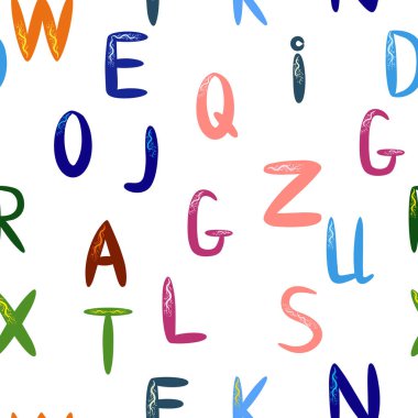 ABC basit çizgi film tarzında kusursuz desen. Sevimli alfabe izi - el çizimi çocuksu, pürüzsüz desen tasarımı. Dijital kağıt.