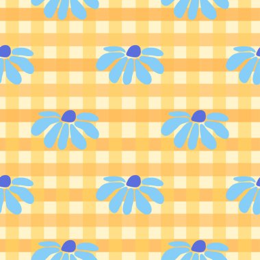 Güzel papatya çiçekleri, köşegenler ve kareli arka planı olan kusursuz gingham deseni. Tekstil, ambalaj ve tatil için tartan kontrolü. Sevimli bebek arkaplanı