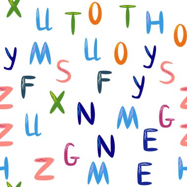 ABC basit çizgi film tarzında kusursuz desen. Sevimli alfabe izi - el çizimi çocuksu, pürüzsüz desen tasarımı. Dijital kağıt.