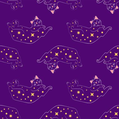 Boho tarzındaki kedilerin mistik kusursuz deseni, siluet koleksiyonu. Ezoterizm, mistisizm, okültizm. Çizgi film düz vektör çizimleri, izole