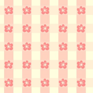 Güzel papatya çiçekleri, köşegenler ve kareli arka planı olan kusursuz gingham deseni. Tekstil, ambalaj ve tatil için tartan kontrolü. Sevimli bebek arkaplanı