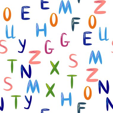 ABC basit çizgi film tarzında kusursuz desen. Sevimli alfabe izi - el çizimi çocuksu, pürüzsüz desen tasarımı. Dijital kağıt.