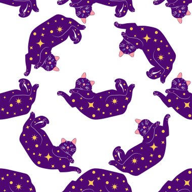 Boho tarzındaki kedilerin mistik kusursuz deseni, siluet koleksiyonu. Ezoterizm, mistisizm, okültizm. Çizgi film düz vektör çizimleri, izole