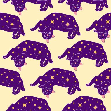 Boho tarzındaki kedilerin mistik kusursuz deseni, siluet koleksiyonu. Ezoterizm, mistisizm, okültizm. Çizgi film düz vektör çizimleri, izole