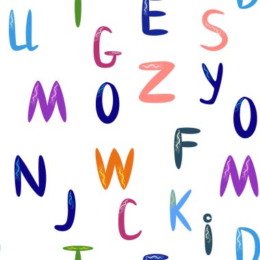 ABC basit çizgi film tarzında kusursuz desen. Sevimli alfabe izi - el çizimi çocuksu, pürüzsüz desen tasarımı. Dijital kağıt.