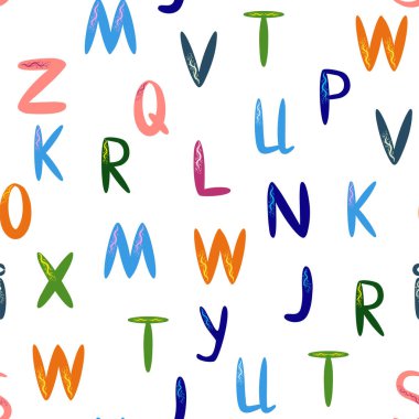 ABC basit çizgi film tarzında kusursuz desen. Sevimli alfabe izi - el çizimi çocuksu, pürüzsüz desen tasarımı. Dijital kağıt.