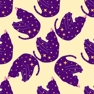 Boho tarzındaki kedilerin mistik kusursuz deseni, siluet koleksiyonu. Ezoterizm, mistisizm, okültizm. Çizgi film düz vektör çizimleri, izole