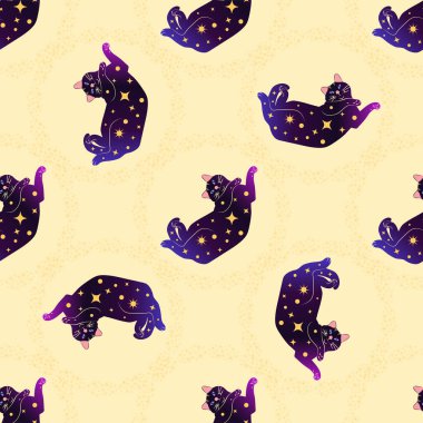 Boho tarzındaki kedilerin mistik kusursuz deseni, siluet koleksiyonu. Ezoterizm, mistisizm, okültizm. Çizgi film düz vektör çizimleri, izole