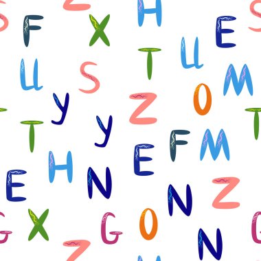 ABC basit çizgi film tarzında kusursuz desen. Sevimli alfabe izi - el çizimi çocuksu, pürüzsüz desen tasarımı. Dijital kağıt.