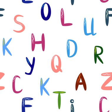 ABC basit çizgi film tarzında kusursuz desen. Sevimli alfabe izi - el çizimi çocuksu, pürüzsüz desen tasarımı. Dijital kağıt.