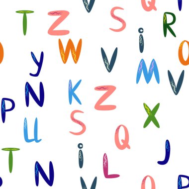 ABC basit çizgi film tarzında kusursuz desen. Sevimli alfabe izi - el çizimi çocuksu, pürüzsüz desen tasarımı. Dijital kağıt.