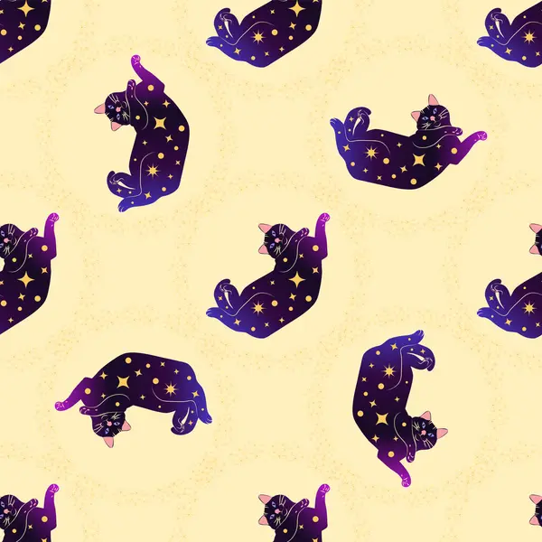 Boho tarzındaki kedilerin mistik kusursuz deseni, siluet koleksiyonu. Ezoterizm, mistisizm, okültizm. Çizgi film düz vektör çizimleri, izole